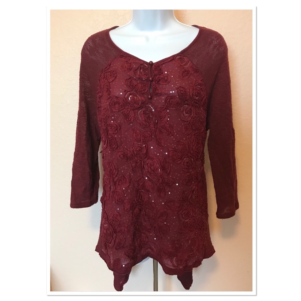 Etoile Maroon Sequin Embellished Floral Sweater S